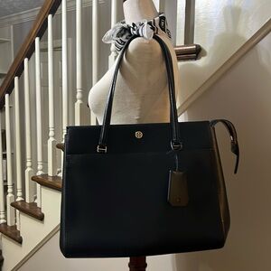 Tory Burch Black Leather Tote + Tory Burch Stow-away Bag.